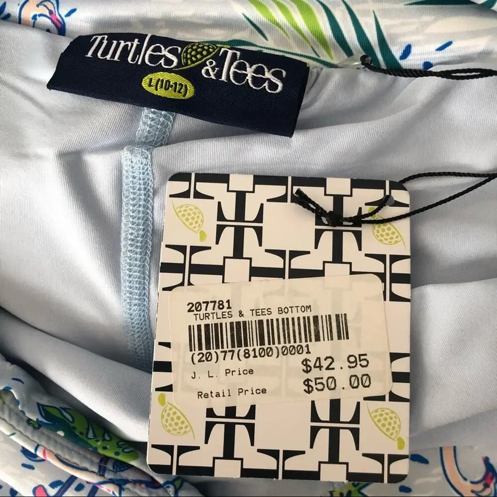 Turtles & Tees Krissy Skort Flamingo Club Blue Waves tropical print gold pleated